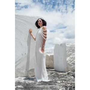 Vestido Maxi Elegante Hecho a Mano con Cuello Halter, Plisado, Sin Mangas, Estilo Tubo, Formal, Blanco, Ajustado, con Cintura Imperio, Tejido, Estilo Sólido, para Verano - Product Image 2