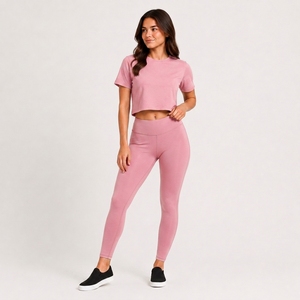 OEM Women's Custom Slim Fit Breathable Quick Dry <b>Crop</b> T Shirt High Waisted Leggings Set Private Label Gym Yoga Activewear - Product Image 1