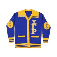 Suéter Cárdigan Casual de Mohair para Invierno SGRho, Azul Rey Dorado, Sigma Gamma Rho HBCU, Sororidad Griega, Chenille Griega, Tejido Frontal