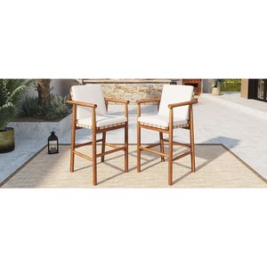 Tabourets de bar modernes en bois d'acacia pour patio, ensemble de 2 chaises de comptoir d'extérieur confortables avec dossier et accoudoirs, assise en toile, durables et élégants - Product Image 6