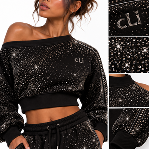 <b>Top</b> Quality All Over <b>Rhinestone</b> Black Off Shoulder <b>Crop</b> sweatshirt Custom Fleece Wide Leg Sweatpants Glam Tracksuit Set Low MOQ - Product Image 2