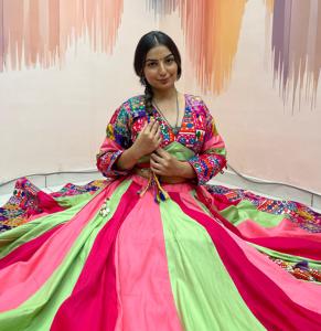 Navratri Rainbow <b>Panel</b> Chaniya Choli With <b>Mirror</b> Work Blouse Kutch Border And Embroidered Dupatta Women Set - Product Image 4