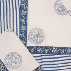 Premium Knnotted Earth White Blue Floral Jaipuri Indian Hand <b>Block</b> Printed 100% Cotton 3-Piece Classic Bedsheet Set All Season - Product Image 3