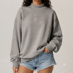 เสื้อสเวตเชิ้ตผู้หญิงทรงโอเวอร์ไซส์ สีเทา พิมพ์ลาย คอเต่า ผ้าฟลีซ ปักลายด้านหน้า แขนเสื้อแบบดรอปโชว์เดอร์ กันลม ระบายอากาศได้ดี เหมาะสำหรับฤดูหนาว - Product Image 1