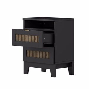 Comodino in Legno Stile Rustico con 2 Cassetti, Decorazione Distintiva con Listelli in Legno, Tavolino Laterale con Armadietto Portaoggetti, Comodino in Metallo - Product Image 6