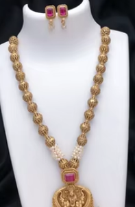 Conjunto de collar de acabado mate largo de calidad superior antiguo de conjunto de joyería de templo chapado en oro ropa de boda tradicional para mujer - Product Image 2