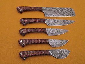 Juego de 5 Cuchillos de Cocina Hechos a Mano de Acero de Damasco con Hoja Recta y Punta Caída, con Mangos de Madera, Personalizables OEM/ODM/OBM - Product Image 2