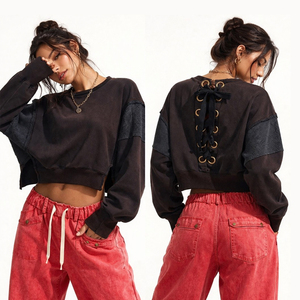 Custom 2026 Women Cropped Sweatshirt Lace Up <b>Back</b> Pullover Casual Streetwear Top Loose Long Sleeve Fashion Hoodie - Product Image 4