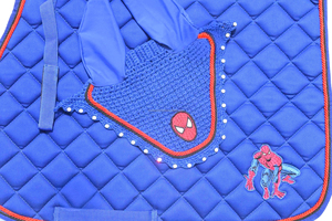 COSTA SPORTS SUPERHERO SPIDERMAN SADDLE PAD with Matching Rhinestone Ear <b>bonnet</b> red outline All-Purpose Horse Saddle pad - Product Image 3