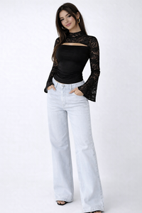 Top ajustado de manga larga con encaje y recortes para mujer - Product Image 5