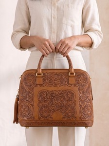 Genuine Leather Embossed Vintage Embroidered Travel <b>Backpack</b> Zipper Closure Soft Handle Shoulder Strap Polyester Lining Women - Product Image 4