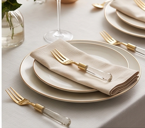 Artisanal Gold Plated Serving Set with Clear <b>Acrylic</b> Handles <b>Mirror</b> Finish Glam Style Dishwasher Safe Party Cutlery Forks - Product Image 6