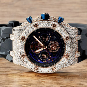 Moissanite Sports <b>Watch</b> with <b>Black</b> Camouflage-Pattern Rubber Strap, Blue Metallic Tone Chronograph Moissanite <b>Watch</b> India - Product Image 1