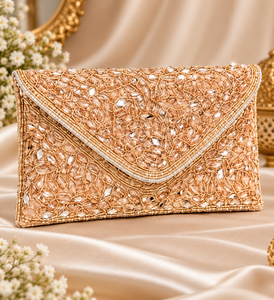 Pochette élégante en polyester ornée de perles et de cristaux, motif géométrique, pour soirée, mariage, avec fermeture à rabat, satinée et brodée à la main - Product Image 1