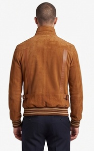 Wholesale <b>Men</b> <b>Suede</b> Bomber <b>Jacket</b> Vintage Cognac Custom Slim Fit Leather Trim Ribbed Eco-Friendly Windproof Outerwear Factory - Product Image 5