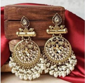 Indian Traditional Handmade Gold Plated Alloy Flower Shape Drop Earrings Imitation Pearl Crystal Rhinestone Trendy Women's - Product Image 3
