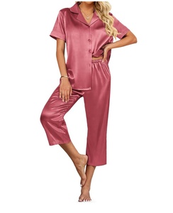Pyjama en satin pour femmes avec logo personnalisé, ensemble de pyjama à manches courtes uni pour femmes - Product Image 5
