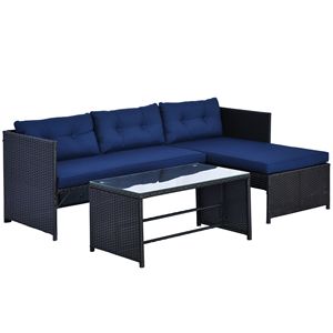 Set di Mobili da Giardino in Rattan a 3 Pezzi con Cuscini Morbidi, Tavolo in Vetro Temperato, Chaise Longue a L e Divanetto per Ospedali e Spazi Esterni - Product Image 1