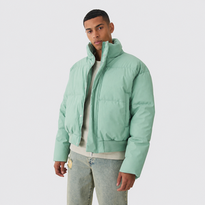 Chaqueta Acolchada Verde Menta para Hombre, Cuello Alto, Cierre de Cremallera, Cortavientos, Abrigo Casual de Invierno, Corte Regular, Relleno de Poliéster - Product Image 1