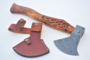 CUSTOM HANDMADE INDUSTRIAL DAMASCUS STEEL <b>AXE</b> HEAD ENGRAVED <b>WOOD</b> HANDLE with LEATHER SHEATH - Product Image 6