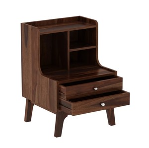 Modern Solid Wood Nightstand With 2 Drawers and Open <b>Shelves</b> Midcentury Storage Bedroom Furniture - Product Image 3