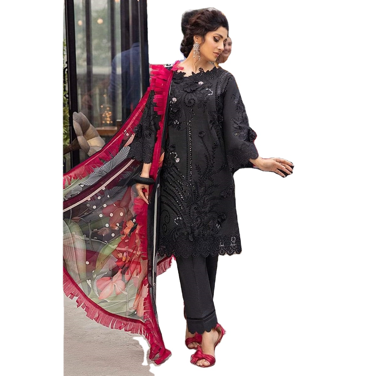 fitted lace wedding dress Organza Black Salwar Kameez with Red Dupatta Latest Online – Nameera by  Farooq main image 1