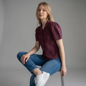 Vintage Rayon Crop Shirt Women Casual Oversized Breathable Pinstripe <b>Maroon</b> - Product Image 4