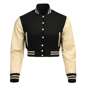 เสื้อแจ็คเก็ตวาร์ซิตี้แบบครอปสำหรับผู้หญิง ปักโลโก้ คุณภาพสูง ทำจากผ้าขนสัตว์และหนัง  แบบเบสบอล - Product Image 1