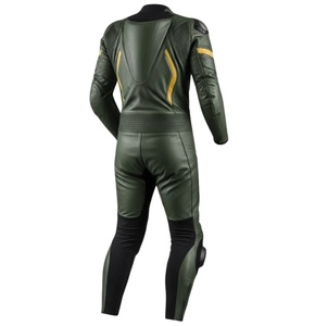 Combinaison de course moto en cuir vert olive avec accents dorés, une pièce, équipement de protection pour la piste, personnalisable OEM, vente en gros - Product Image 2