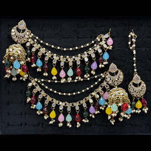 Premium Austrian Stone and Mirror Jhumki with Maangtikka 10575476ML Fashion Jewelry <b>Set</b> - Product Image 1