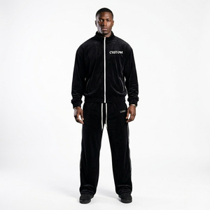 Custom Men's Velvet Tracksuit Set Full <b>Zip</b> Hoodie & Pants Solid Color Casual Streetwear Regular Fit Autumn Wear - Product Image 1