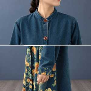 Solid Denim Long <b>Coat</b> Women Mandarin Collar Oversized a Line Mid Length Casual Jacket Colored Wash Breathable Winter - Product Image 5