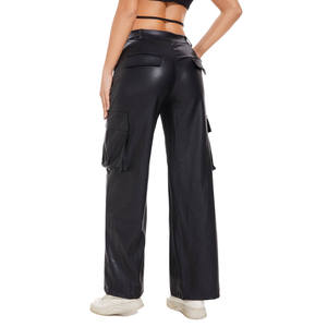 Pantalones Rectos de PU de Cintura Alta para Mujer, Corte Regular, Largos, con Bolsillos Utilitarios, Frente Plano, Cierre de Botones, Color Sólido, Estilo Urbano, Invierno - Product Image 2