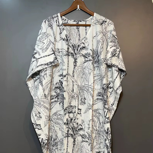 Nuevo Kaftán con Estampado Animal, Cuello en V, Cordón Ajustable, Estilo Flare, de Algodón Suave Indio, con Encaje, Largo, para Playa o Dama de Honor - Product Image 1