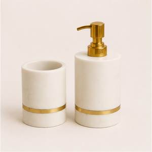 White Marble Bathroom Accessory Set with Solid Brass Accents Handcrafted Natural Soap Dispenser <b>Toothbrush</b> <b>Holder</b> For Hotel - Product Image 5
