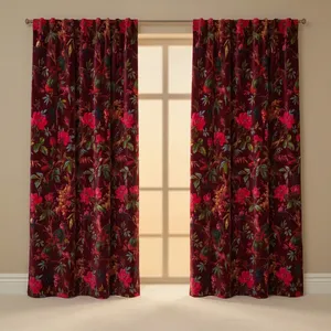 Rideaux en velours de coton rouge vin style vintage, imprimé floral et oiseaux, style bohème, velours de coton de haute qualité pour la décoration de votre maison - Product Image 1