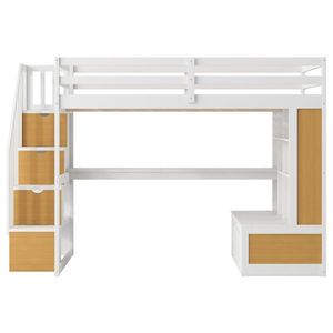 Lit mezzanine moderne pleine grandeur avec bureau, étagères, rangement et escalier, taille Queen, blanc et bois naturel - Product Image 2