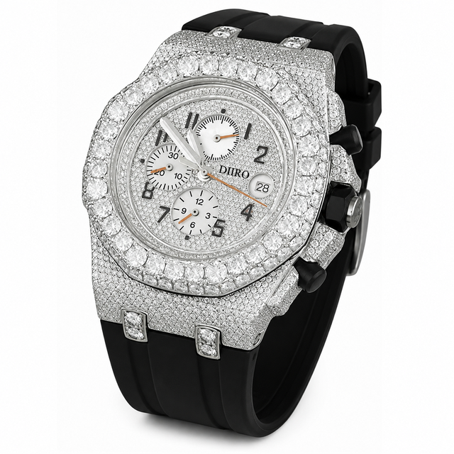 Men's Luxury Iced Out Chronograph Wristwatch Black Rubber Strap Full Pave Case Hip Hop Fashion Designer Watch