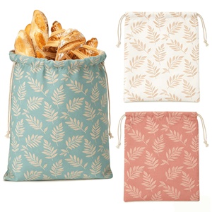 Ensemble de sacs à pain en coton réglables avec cordon de serrage, lavables, imprimés motif feuille, écologiques, résistants à l'eau, durables, réutilisables pour le rangement - Product Image 5