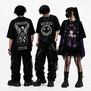 Camiseta Gráfica Extra Grande Emocore con Estampado de Ángel Negro, Unisex, Corte Holgado, Cuello Redondo, Manga Corta, Estilo Punk, Ropa Urbana - Product Image 1