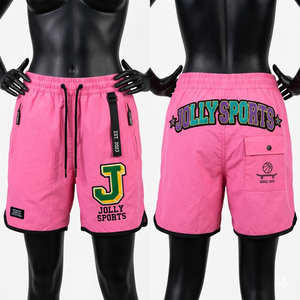 Shorts pour femmes en polyester léger 110 GSM, coupe-vent, couleur rose, avec panneau en maille et logo brodé appliqué. - Product Image 3
