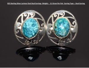 925 Sterling <b>Silver</b> Larimar Oval <b>Stud</b> Earrings for women - Product Image 5
