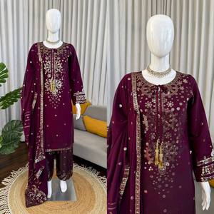 Wine Heavy Roman glass Embroidered Kurta Palazzo Set withThread with sequnce & Designer Lace Dupatta - Product Image 3