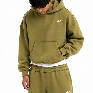 Ensemble de survêtement 2 pièces vert olive High Street, sweat à capuche oversize et pantalon de survêtement ample à taille élastique, streetwear homme épais, OEM ODM - Product Image 3
