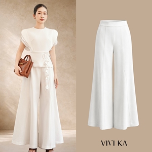 Women's Modern Elegant <b>White</b> High Waist Wide Flared Leg Full Length Loose Fit Zipper Fly Autumn Casual Office Pants MARINA - Product Image 1