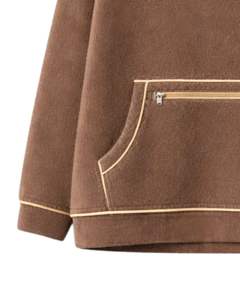 Sweat-shirt épais marron chocolat pour femme, coupe oversize, en polaire, avec col à boutons-pression, poche kangourou et passepoil contrastant - Product Image 6