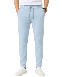 Men Sky Blue Slim Fit Casual Jogger Pants Elastic Waist <b>Drawstring</b> <b>Trousers</b> Soft Fabric Comfortable Daily Wear Stylish Look - Product Image 1