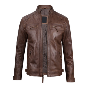 Chaqueta de cuero genuino marrón para motocicleta para hombre, abrigo de motociclista con cremallera, resistente al viento, transpirable, ropa de calle - Product Image 2
