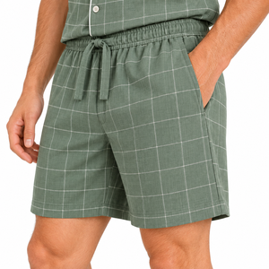 Ensemble de pyjama en rayonne à carreaux pour homme, manches courtes, boutonné, tenue de nuit et de détente, toutes saisons, avec short assorti, vert - Product Image 4