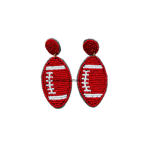Boucles d'oreilles pendantes faites à la main en perles de rocaille rouges et blanches, motif football, bijoux fantaisie personnalisés inspirés des jours de match pour femmes - Product Image 1